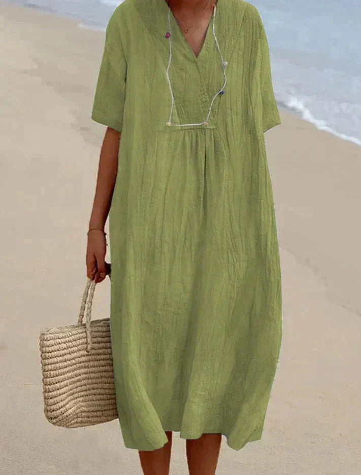 Women's Linen V-Neck Maxi Dress with Short Sleeves
