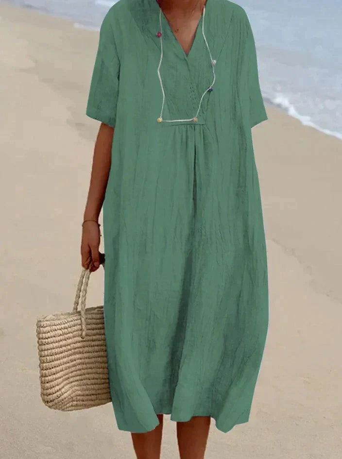 Women's Linen V-Neck Maxi Dress with Short Sleeves