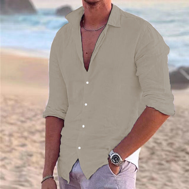 Men's Linen Button-Up Shirt with Point Collar