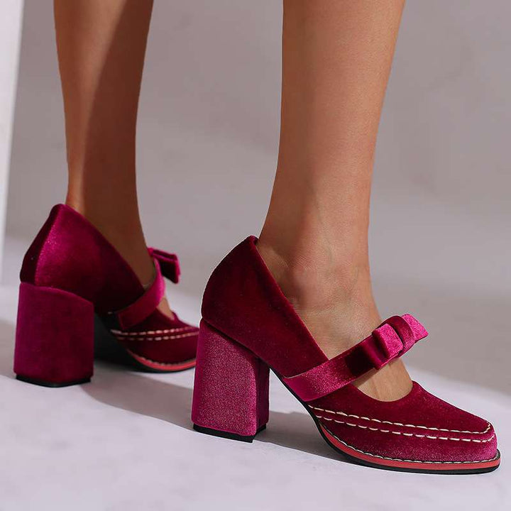 Women's Velvet Mary Jane Heels with Bow Detail