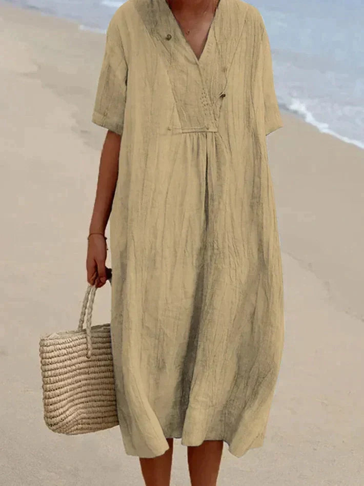 Women's Linen V-Neck Maxi Dress with Short Sleeves