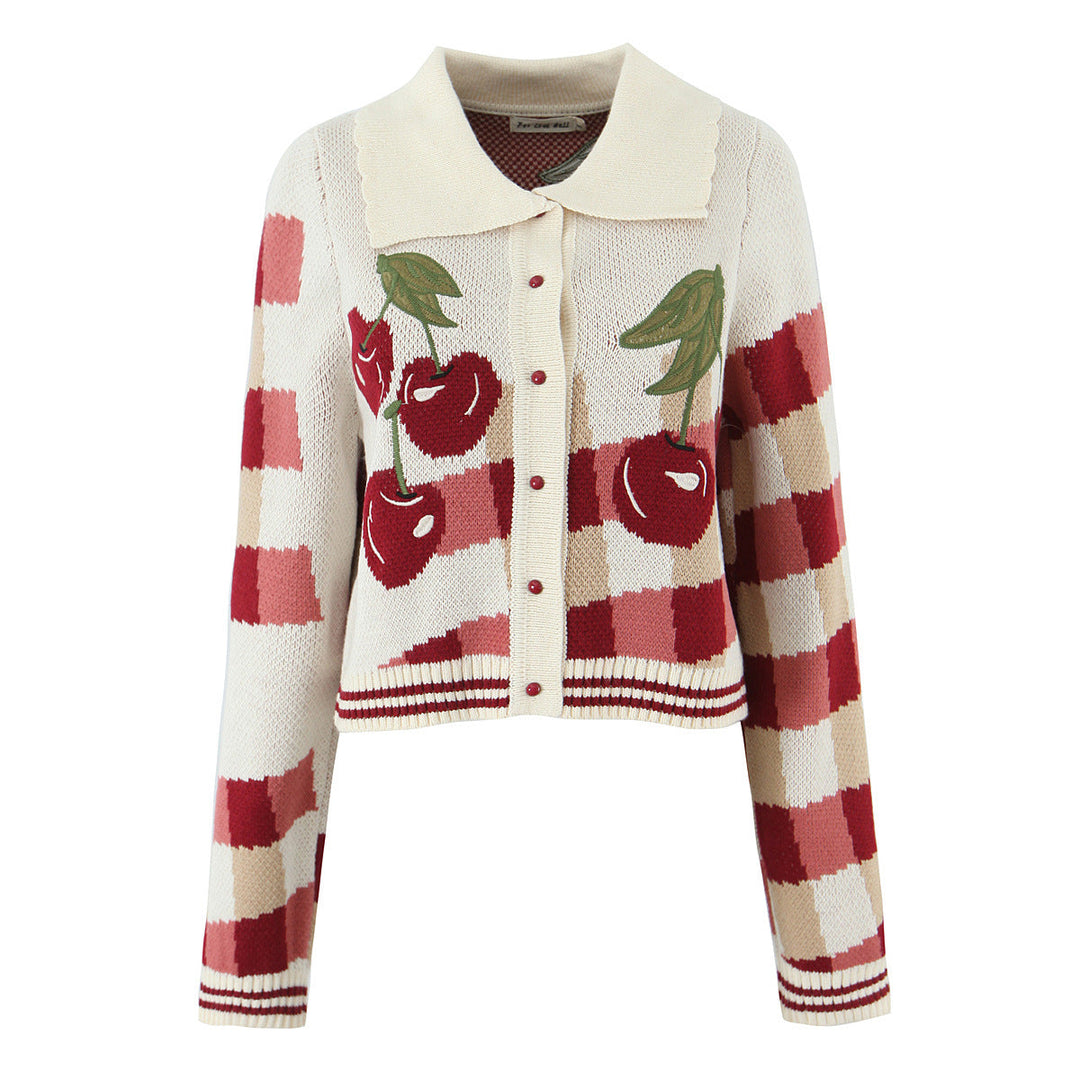 Camila | Cherry Print Collared Knit Cardigan
