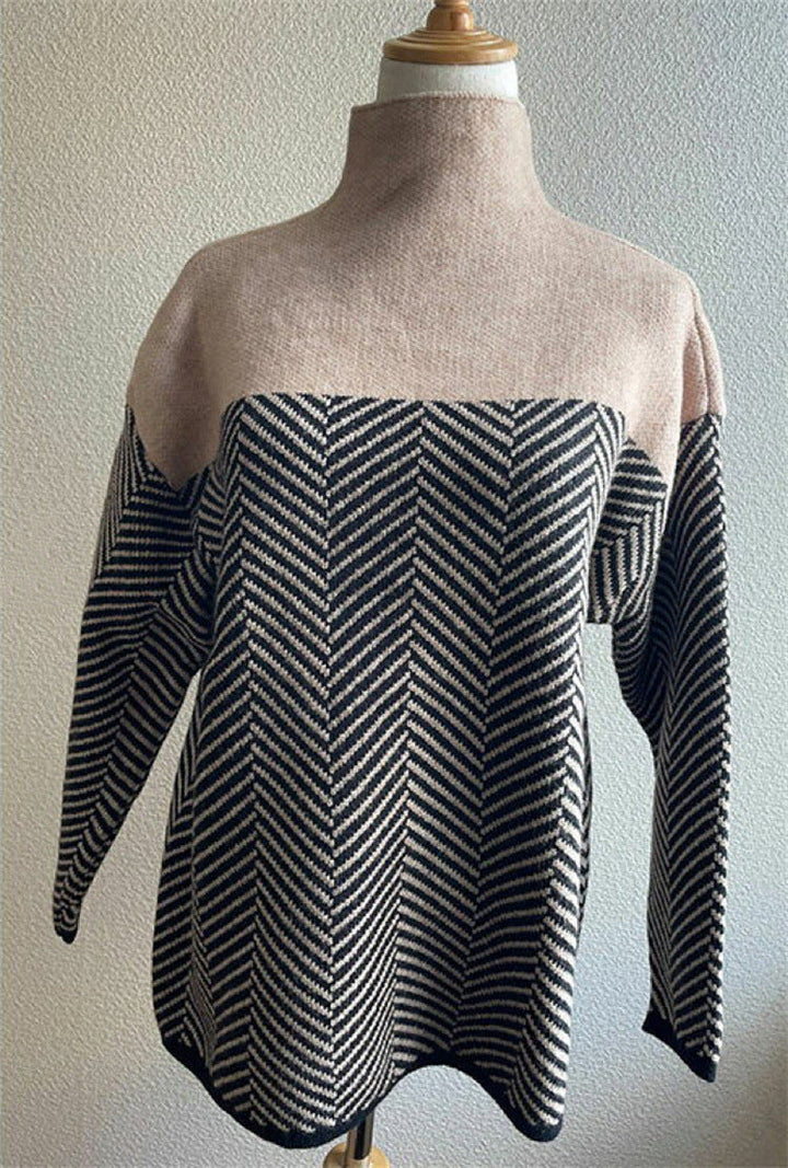 Women's Chevron Knit Jumper with High Neck Relaxed Fit
