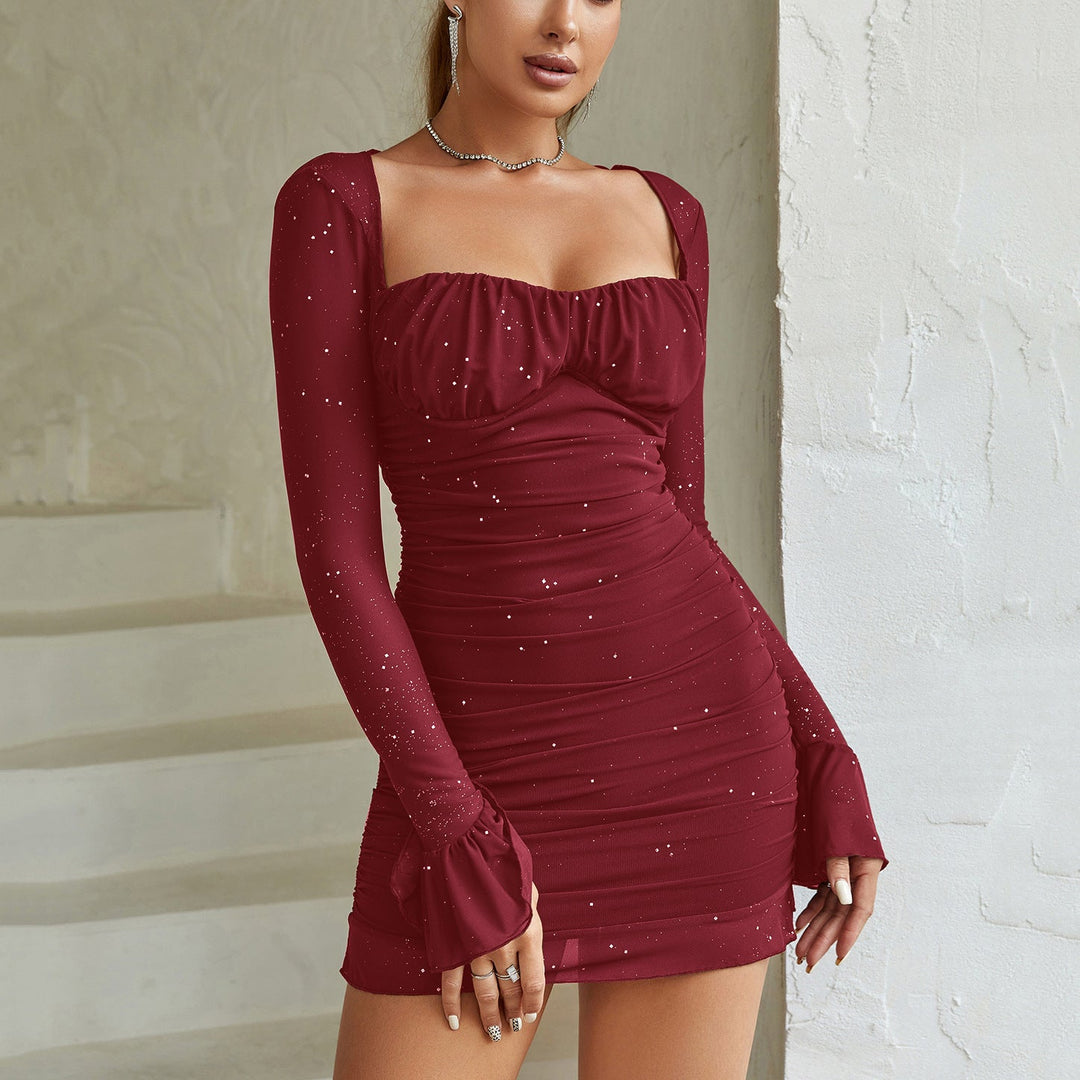 Women's Long Sleeve Glitter Mesh Mini Party Dress