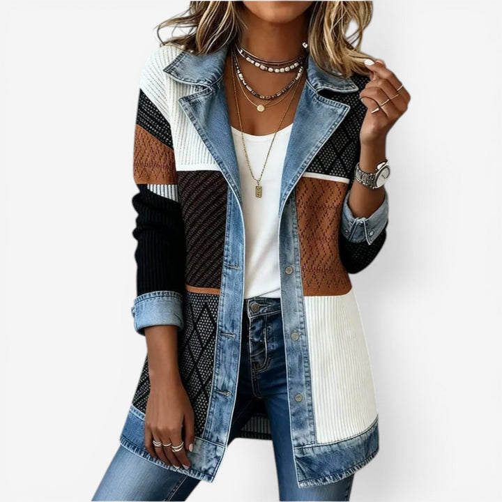 Women's Denim Ribbed Knit Jacket with Layered Collar