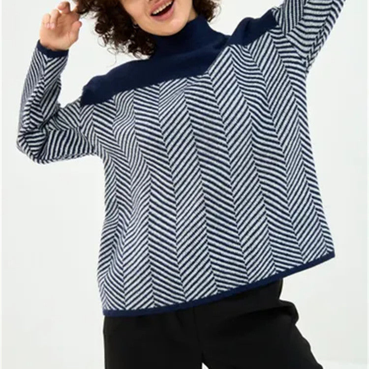 Women's Chevron Knit Jumper with High Neck Relaxed Fit