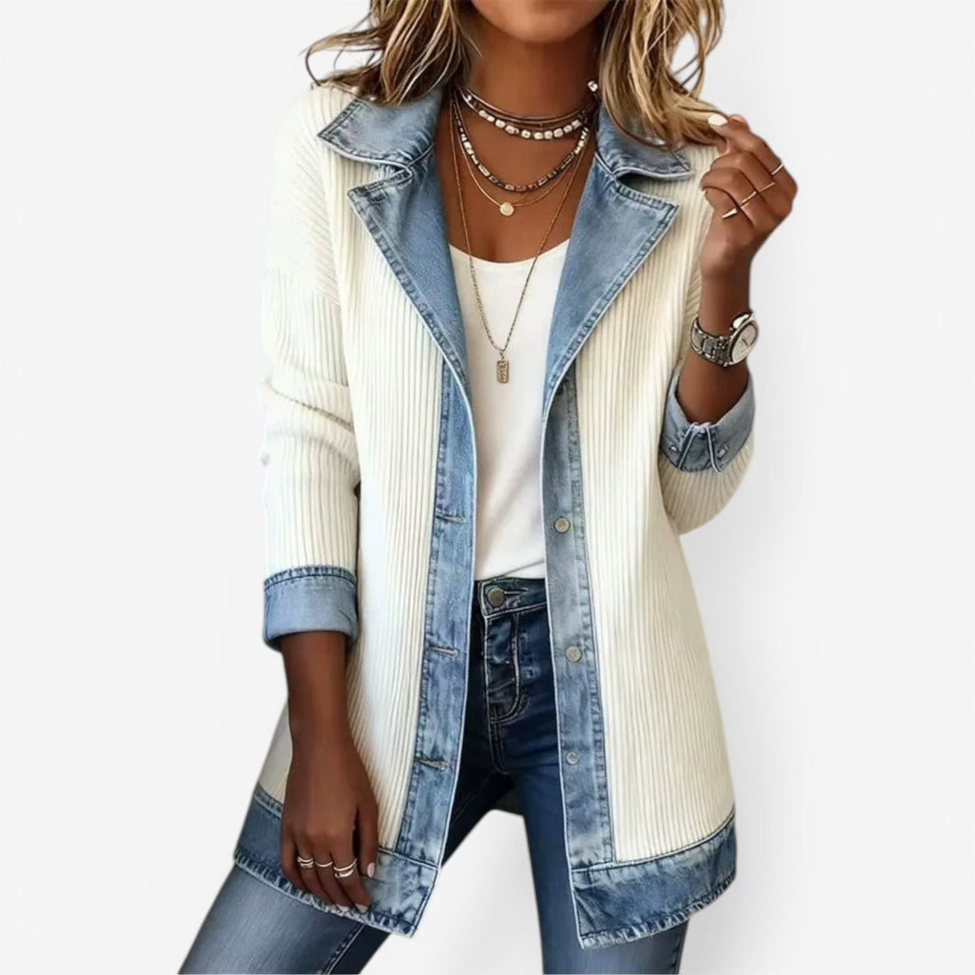 Women's Denim Ribbed Knit Jacket with Layered Collar