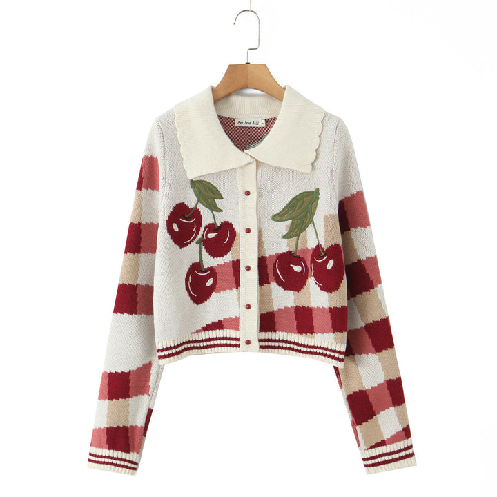 Camila | Cherry Print Collared Knit Cardigan