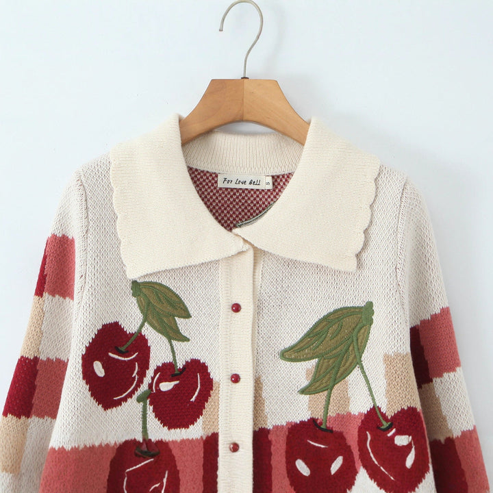 Camila | Cherry Print Collared Knit Cardigan