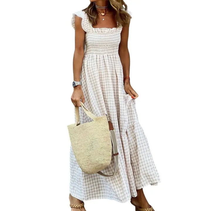 Womens Smocked Gingham Maxi Dress
