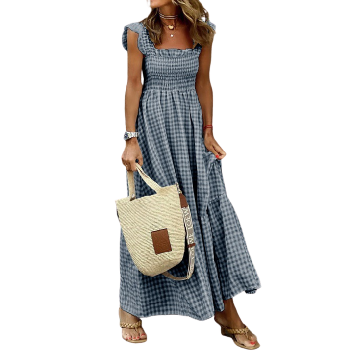 Womens Smocked Gingham Maxi Dress