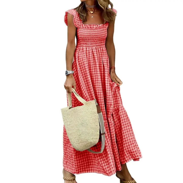 Womens Smocked Gingham Maxi Dress