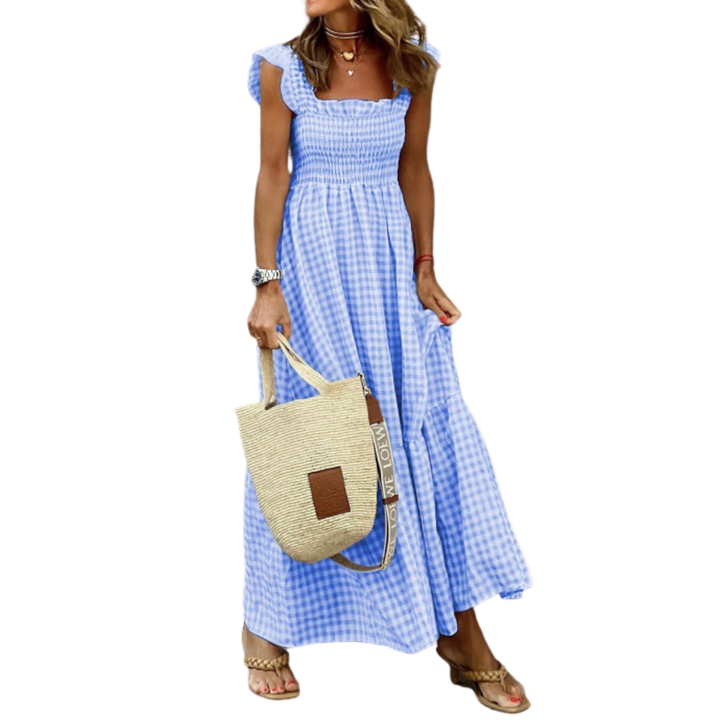 Womens Smocked Gingham Maxi Dress