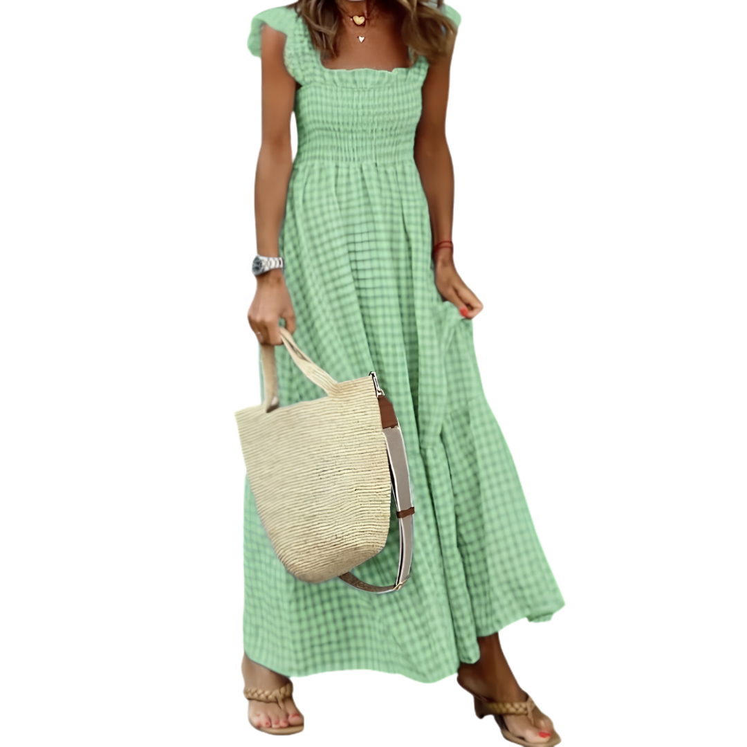 Womens Smocked Gingham Maxi Dress