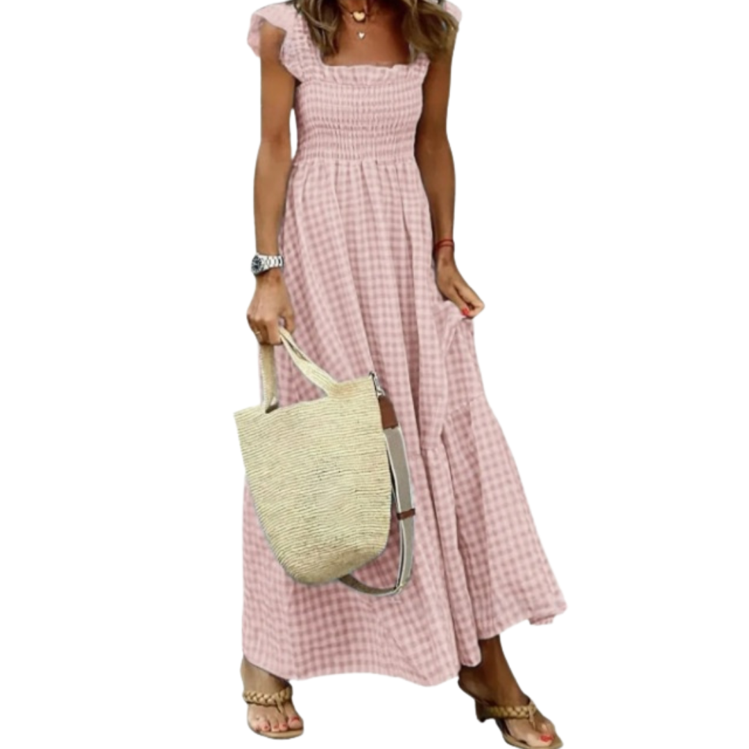 Womens Smocked Gingham Maxi Dress