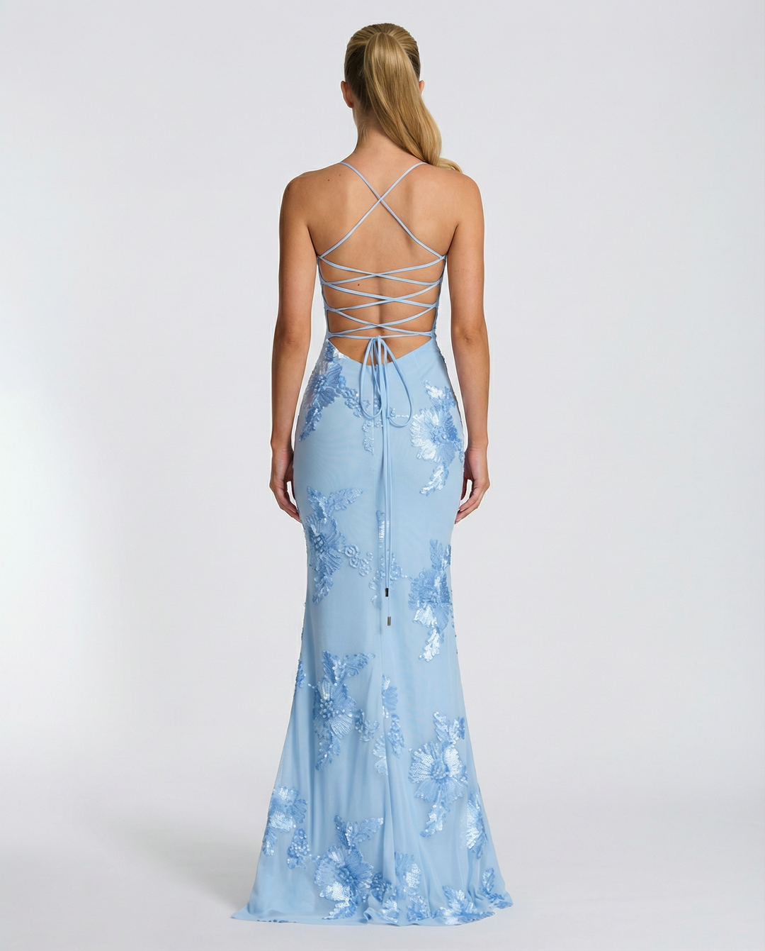 Floral Appliqué Corset Evening Maxi Dress
