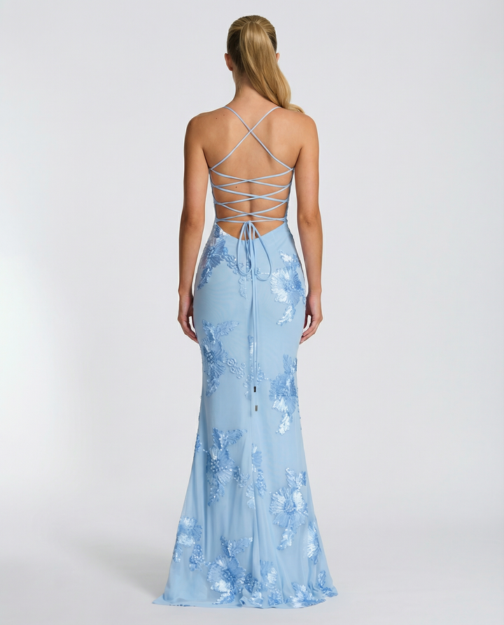 Floral Appliqué Corset Evening Maxi Dress
