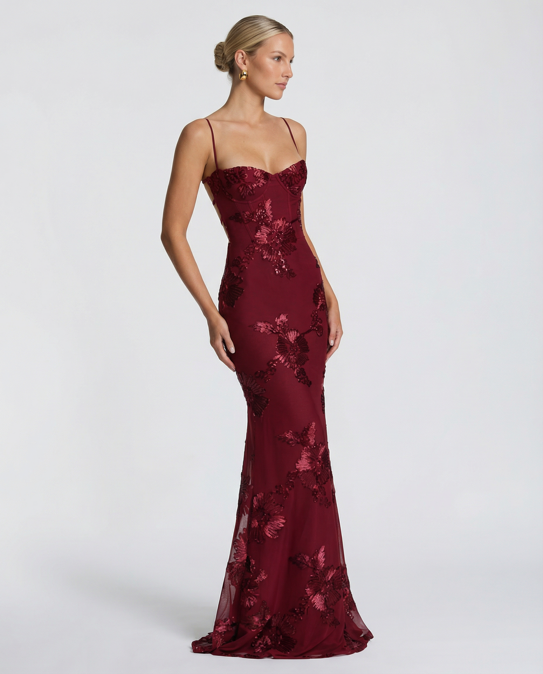 Floral Appliqué Corset Evening Maxi Dress