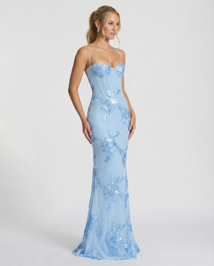 Floral Appliqué Corset Evening Maxi Dress