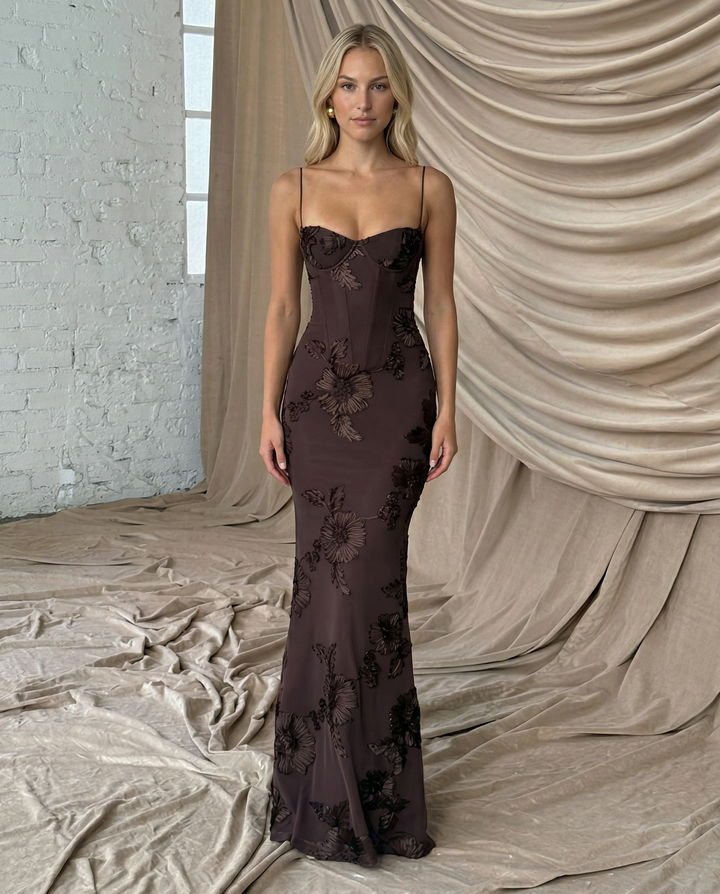 Floral Appliqué Corset Evening Maxi Dress