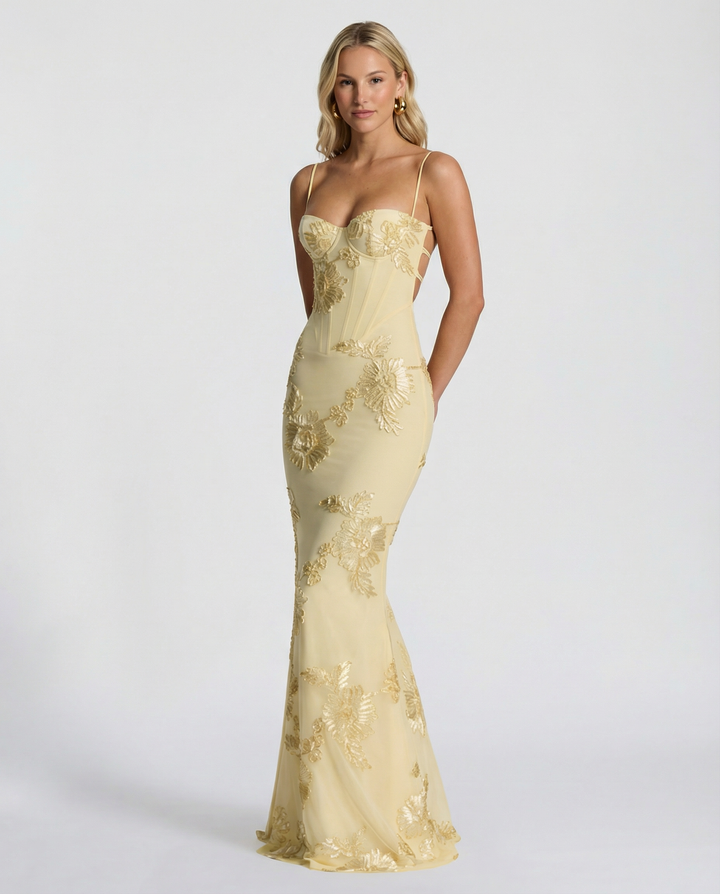 Floral Appliqué Corset Evening Maxi Dress