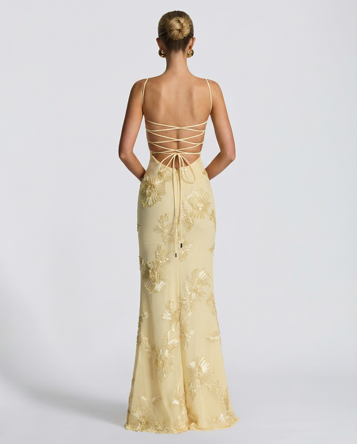 Floral Appliqué Corset Evening Maxi Dress