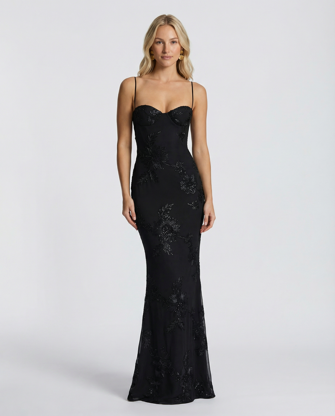 Floral Appliqué Corset Evening Maxi Dress