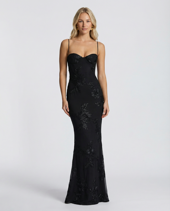 Floral Appliqué Corset Evening Maxi Dress