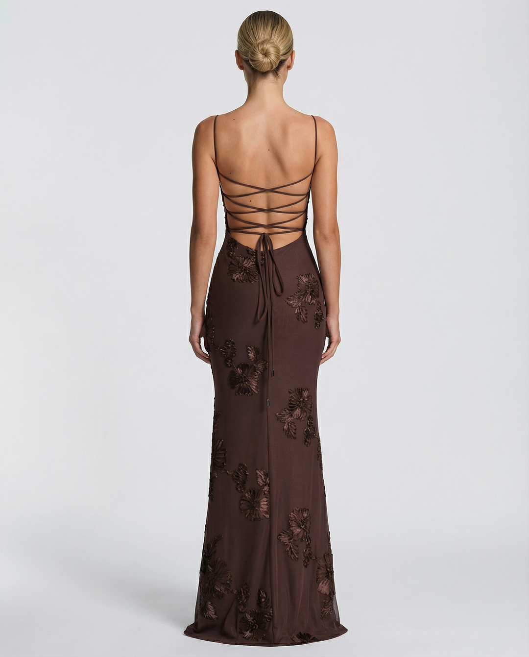 Floral Appliqué Corset Evening Maxi Dress