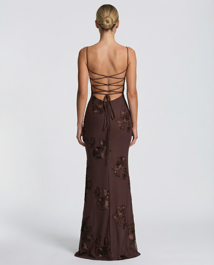 Floral Appliqué Corset Evening Maxi Dress