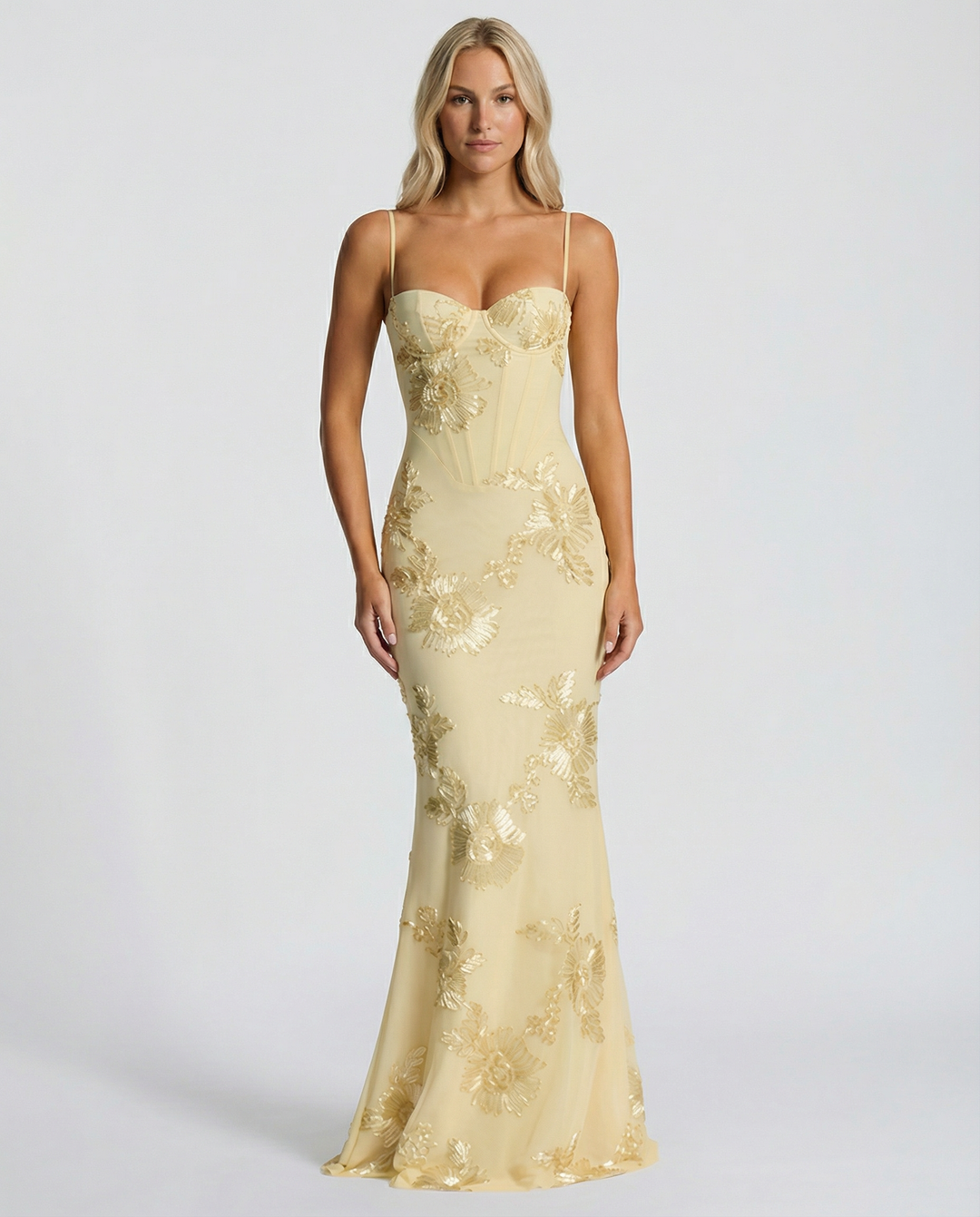 Floral Appliqué Corset Evening Maxi Dress