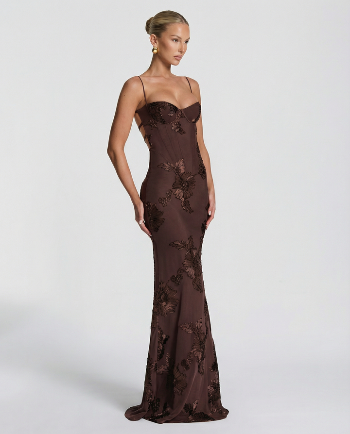 Floral Appliqué Corset Evening Maxi Dress
