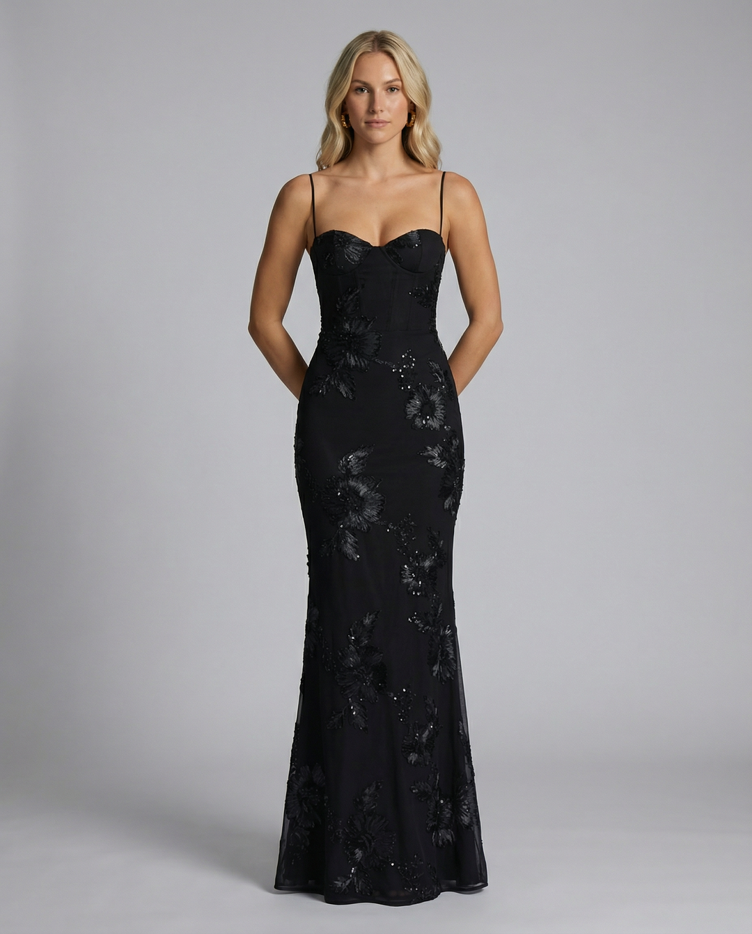 Floral Appliqué Corset Evening Maxi Dress