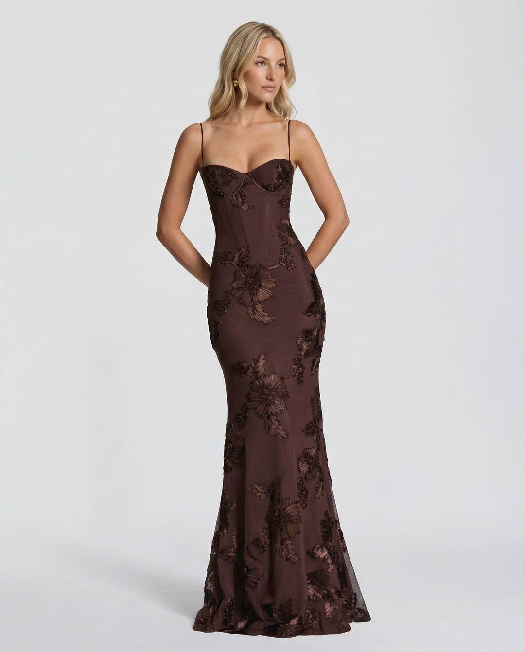 Floral Appliqué Corset Evening Maxi Dress