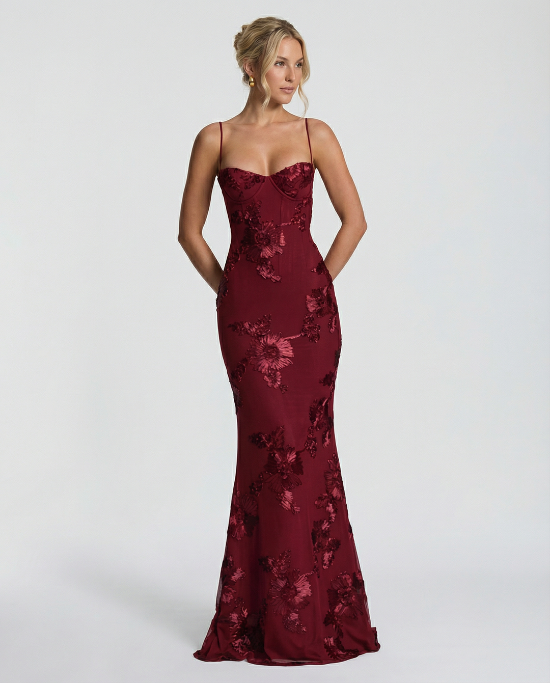 Floral Appliqué Corset Evening Maxi Dress