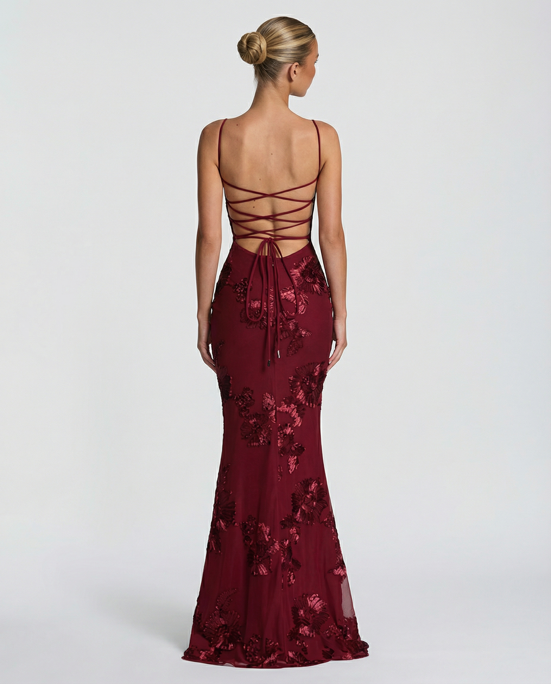 Floral Appliqué Corset Evening Maxi Dress