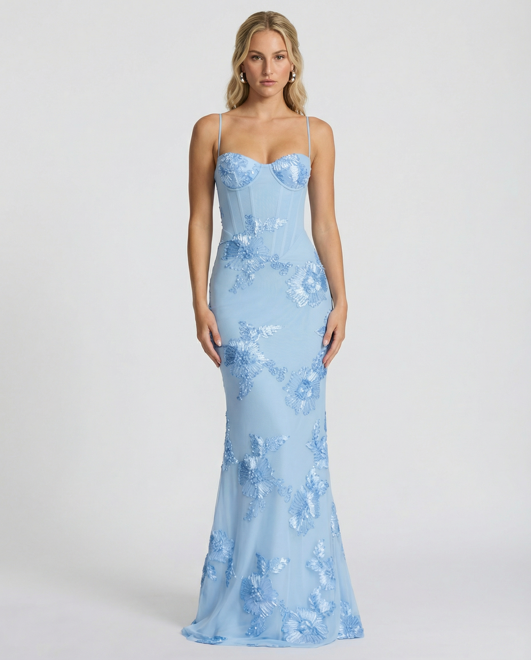 Floral Appliqué Corset Evening Maxi Dress