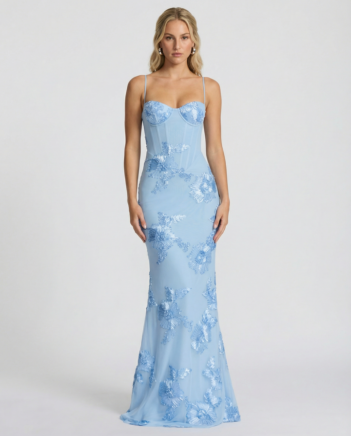 Floral Appliqué Corset Evening Maxi Dress