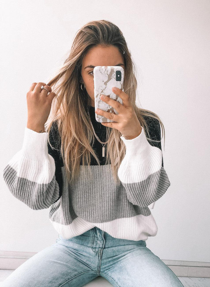 Oversized Color Block Rib Knit Sweater