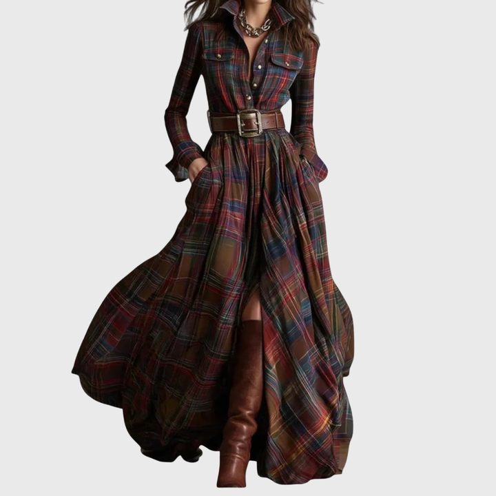 Victoria | Formal Checked Long Sleeve Maxi Dress