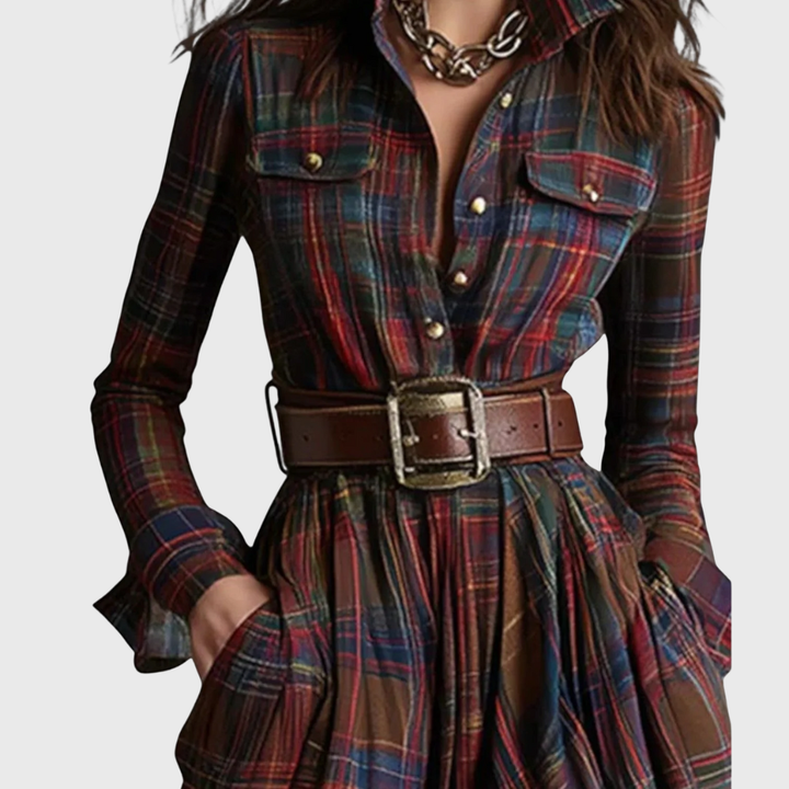 Victoria | Formal Checked Long Sleeve Maxi Dress