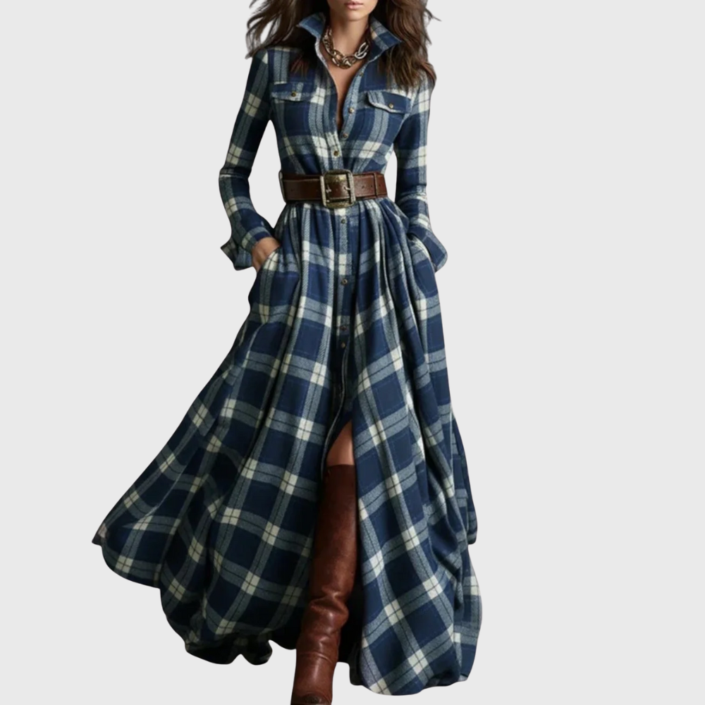 Victoria | Formal Checked Long Sleeve Maxi Dress
