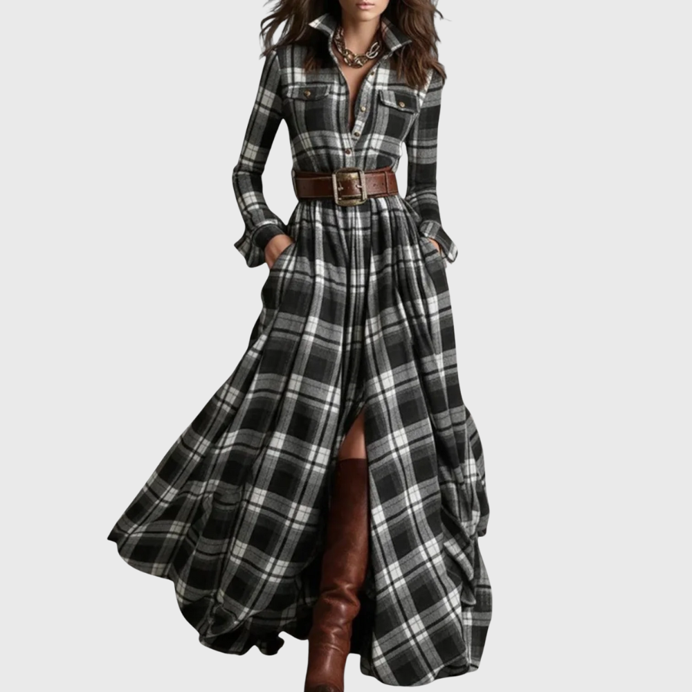 Victoria | Formal Checked Long Sleeve Maxi Dress
