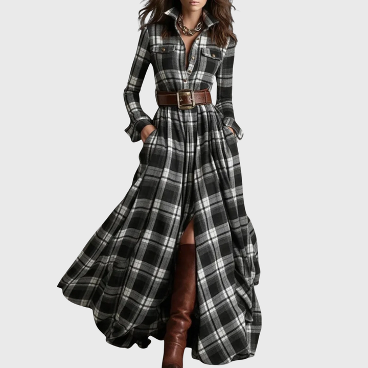 Victoria | Formal Checked Long Sleeve Maxi Dress