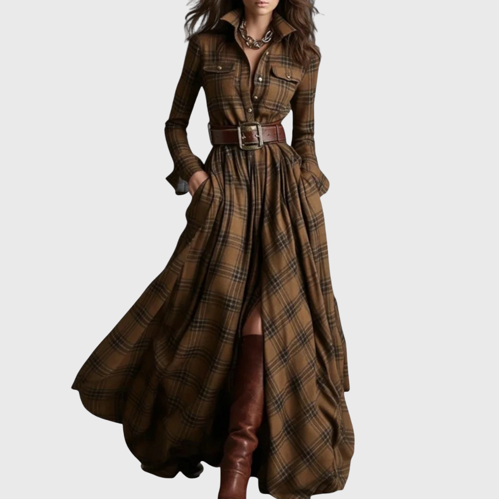 Victoria | Formal Checked Long Sleeve Maxi Dress