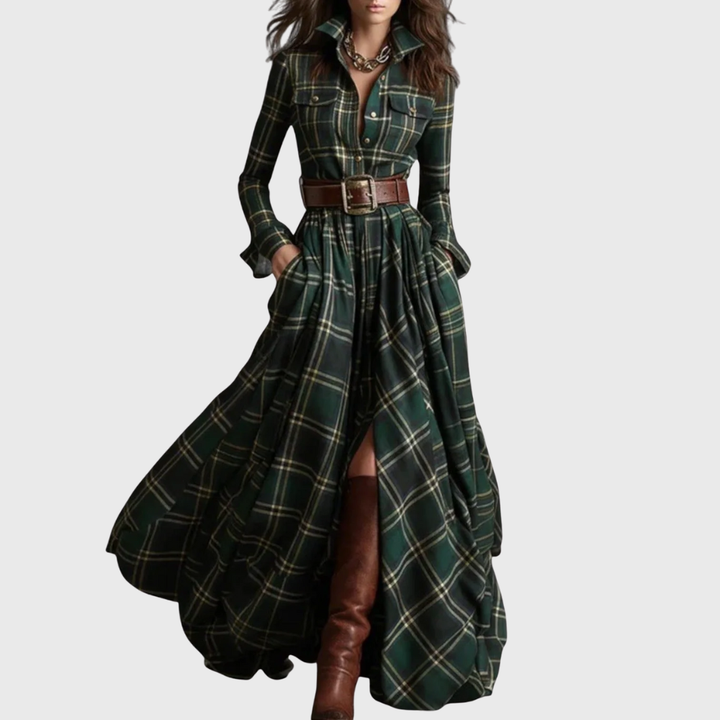 Victoria | Formal Checked Long Sleeve Maxi Dress