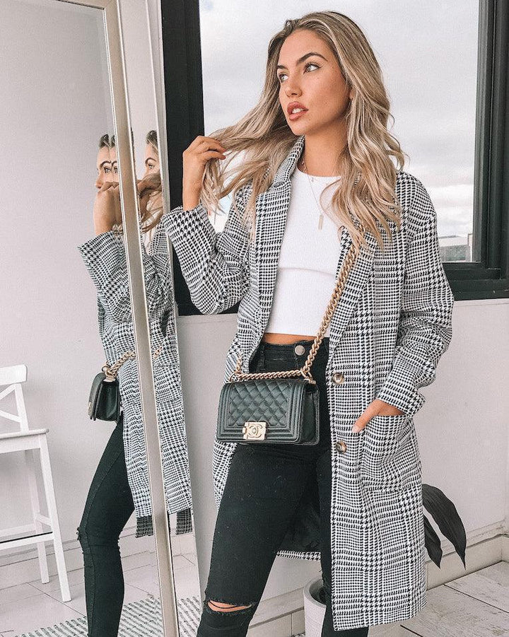Tailored Plaid Long Blazer for Women
