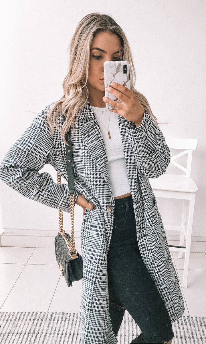 Tailored Plaid Long Blazer for Women