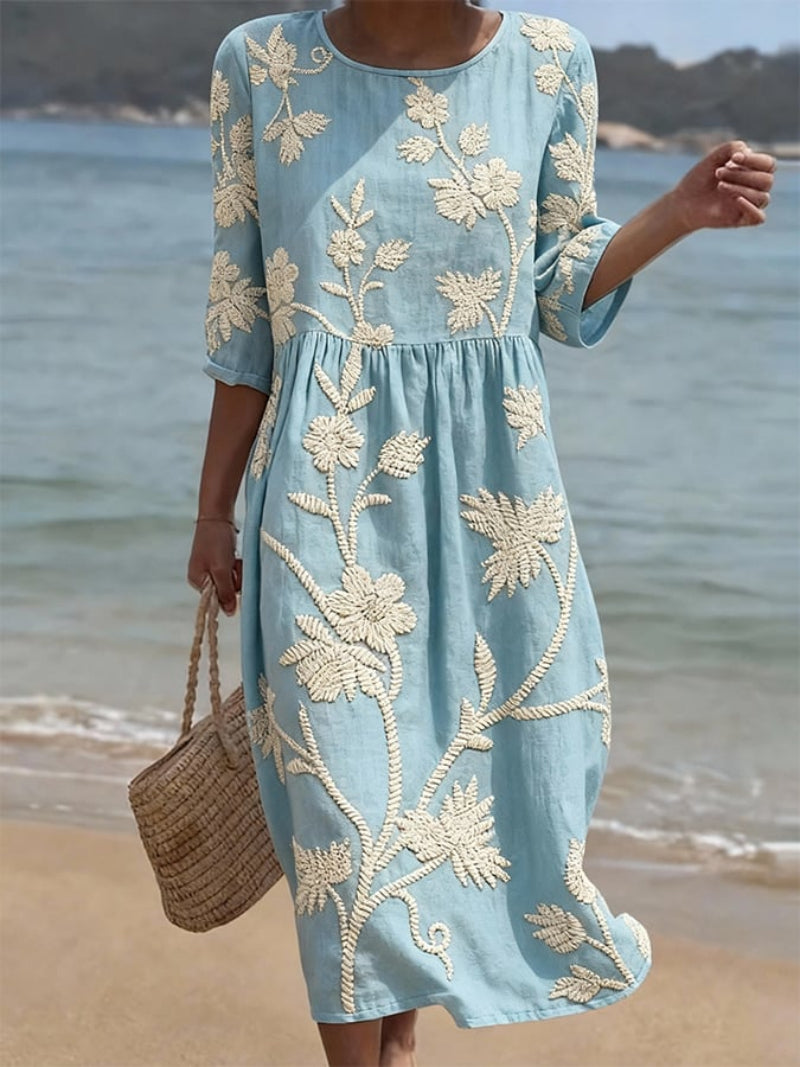 Women's Embroidered Floral Round Neck Midi Dress
