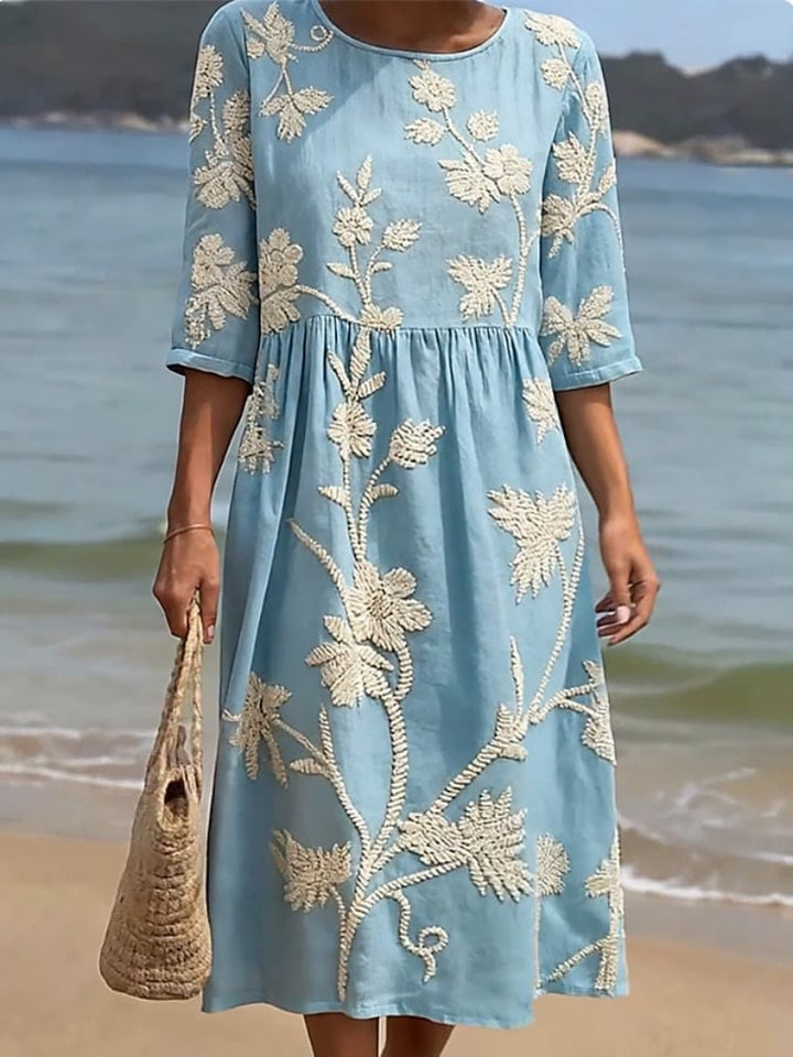 Women's Embroidered Floral Round Neck Midi Dress
